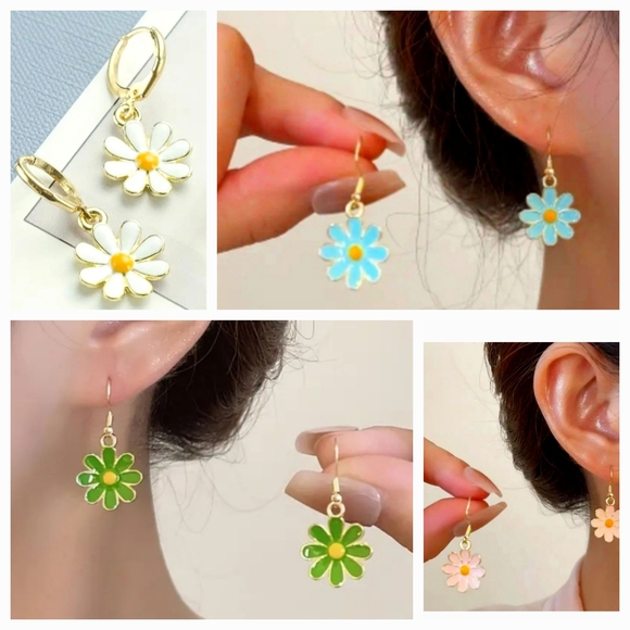 Jewelry - Daisy Flower Drop Earrings Set - Gold, Blue, Green, Pink. Four Sets